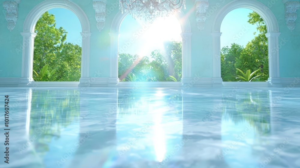 Fototapeta premium Elegant Ballroom Interior with Arched Windows and Sunbeams