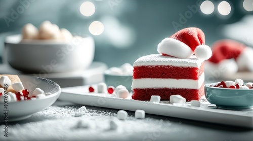 Decorative layout of Santa hat cookies and cake slices, frosted in brilliant red with white edges and fluffy mini marshmallows