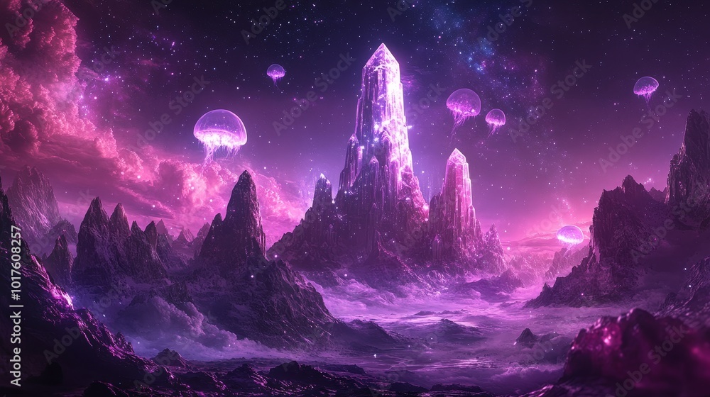 A floating island of crystal mountains sparkles in deep space, glowing jellyfish clouds drift beneath a sky filled with ancient animal constellations A floating island of crystal mountains sparkles in deep space, glowing jellyfish clouds drift beneath a sky filled with ancient animal constellations