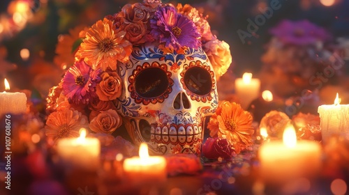 A sugar skull decorated with vibrant flowers, surrounded by flickering candles and warm hues. The focus is on the face, in a front view, with a Day of the Dead style background, soft lighting