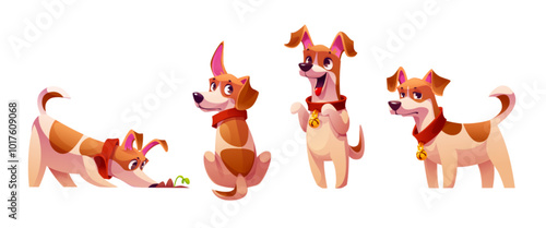 Cute funny little dog behavior. Cartoon brown puppy smelling grass in soil pile, sitting with his back turned and raised ear, joyful stands on hind legs with tongue sticking out, standing tired or sad