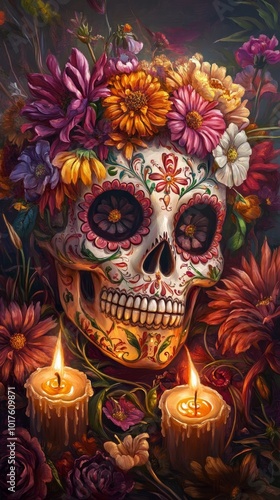 A sugar skull decorated with vibrant flowers, surrounded by flickering candles and warm hues. The focus is on the face, in a front view, with a Day of the Dead style background, soft lighting