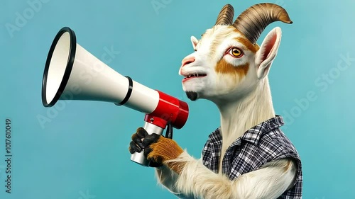 A goat with a plaid shirt and a megaphone, looking excited and ready to make an announcement against a blue background.