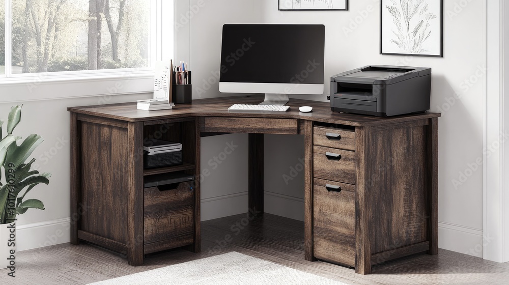 Modern Home Office Desk with Computer and Printer Modern Home Office Desk with Computer and Printer