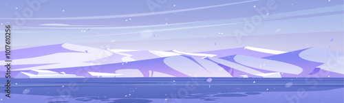 Arctic winter landscape. Vector cartoon illustration of cold nordic sea or lake water with ice, snow flying in frosty air, piles of floe and glacier on hills, dull blue sky, north pole background