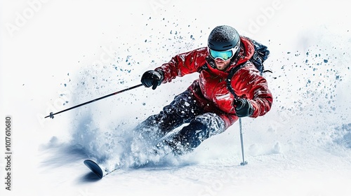 Skier in Red Jacket Carving Through Powder photo