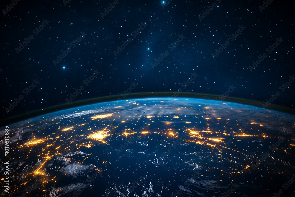 Fototapeta premium Earth from space, showcasing city lights and stars.