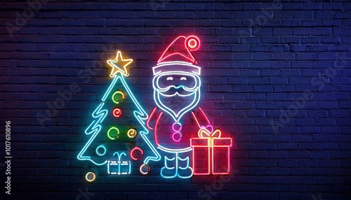 neon chirsmas santa claus, christmas tree and christmas gift symbols on brick wall  photo