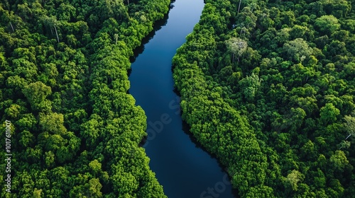 Aerial View of a River Winding Through Lush Green Rainforest