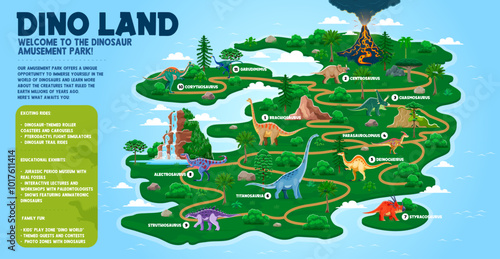 Dino park map with prehistoric dinosaur animals of Jurassic era, vector template. Dino land amusement park and prehistoric dinosaurs exhibition island map with direction to extinct animals and lizards