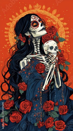 A vector illustration of an attractive day the dead woman holding roses and skull, with long black hair wearing dark blue dress covered in red rose flowers, she is adorned in colorful jewels