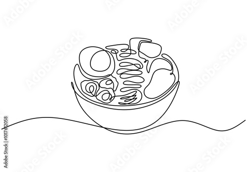 One continuous line drawing of ramen in a bowl. Simplified design for noodles and dining themes.