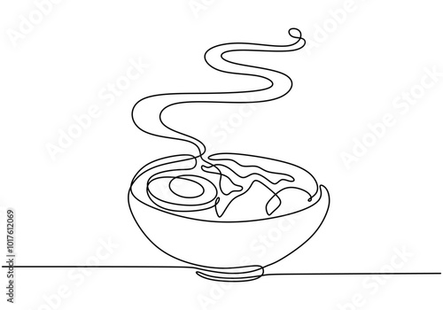 Continuous line drawing of a bowl of ramen. Minimalist design for Asian cuisine and comfort food.