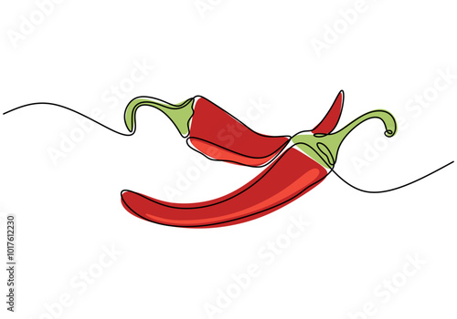 Two red chili peppers illustrated in one continuous line drawing. Simplified design for spices and flavor themes.