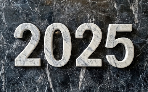 The numbers "2025" made of white marble with grey veins on a black background