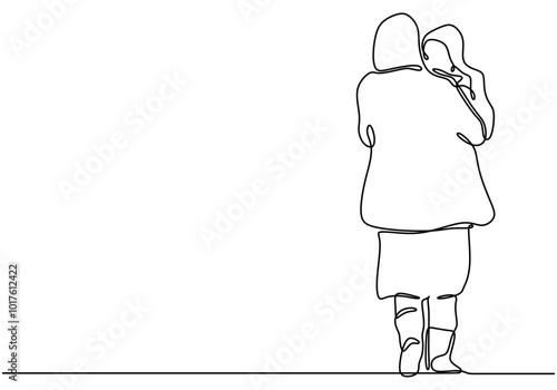 Mother carrying her child in one continuous line drawing. Minimalist design for immigrant parenting