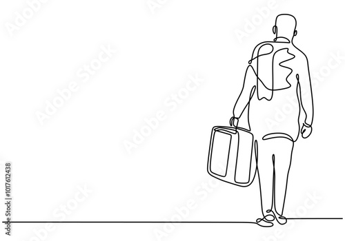 Person of refugee carrying a suitcase in one continuous line drawing. Minimalist design for travel.