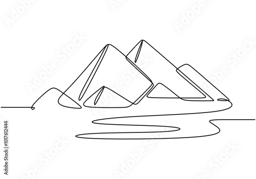 One continuous line drawing of mountain scenery. Minimalist design for nature and travel themes.