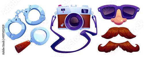 Private detective equipment set isolated on white background. Vector cartoon illustration of sunglasses mask, handcuffs, magnifying glass, vintage photo camera and fake moustache, secret spy assets