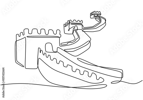 Continuous line drawing of the Great Wall of China. Famous landmark symbolizing ancient fortifications.