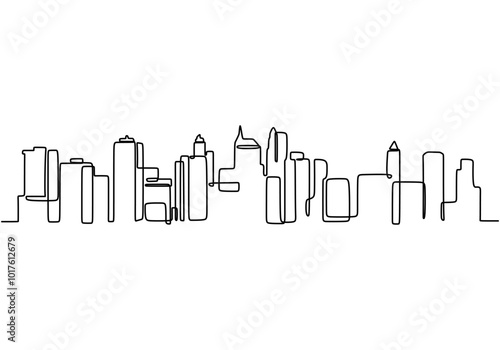 Continuous line drawing of skyline skyscrapers. Modern architecture reflecting urban living themes.