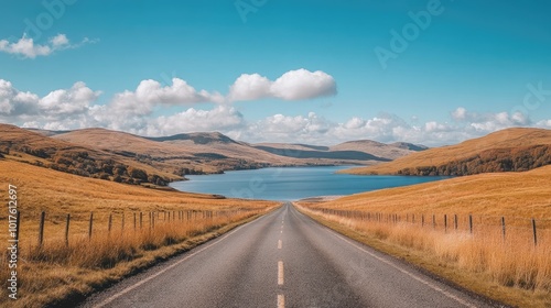 Scenic Road Beside Tranquil Lake in Countryside Landscape photo