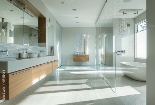 The modern bathroom boasts sleek fixtures, a floating vanity, and a walk-in shower with frameless glass, offering a sophisticated look. photo