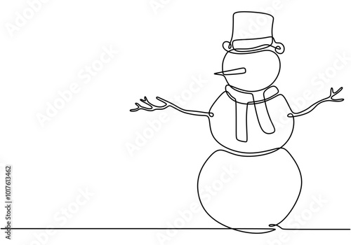 One continuous line drawing featuring a snowman. Capturing winter celebrations and holiday cheer.