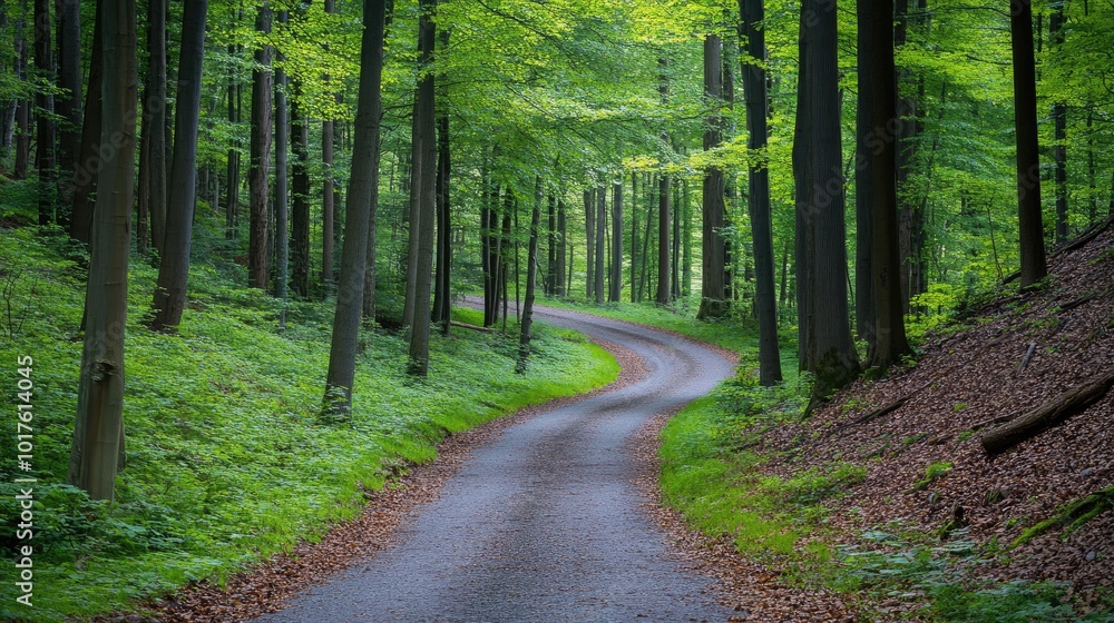 Serene Curved Path Through Lush Green Forest Serene Curved Path Through Lush Green Forest