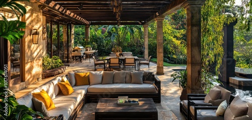 Relaxation and socializing thrive in this pergola-covered terrace lounge.