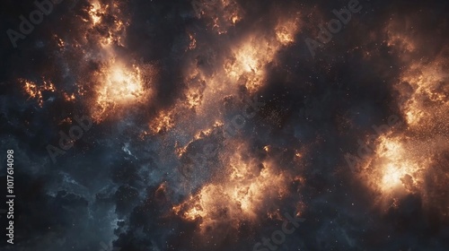 Swirling cosmic gases illuminate dark space with brilliant golden flames against deep blue nebulous clouds. 