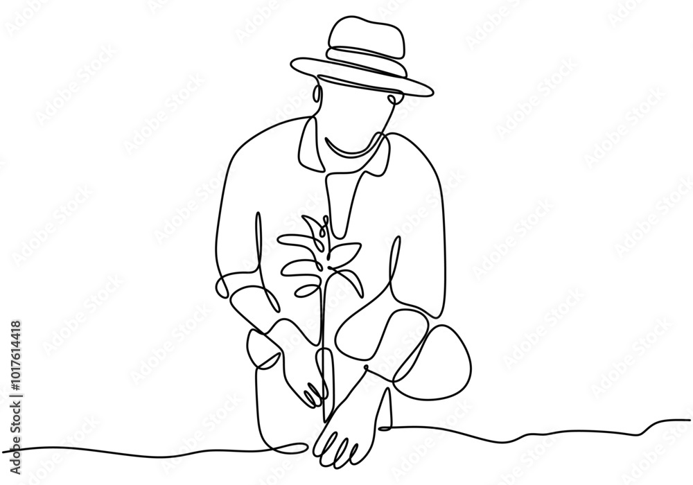 Continuous line drawing of a man planting a plant. Minimalist art for gardening and environmental themes.