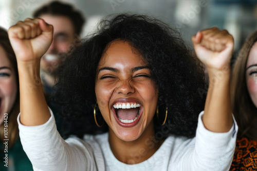 A group of women entrepreneurs celebrating a major funding round for their startup, surrounded by colleagues in a modern office. photo