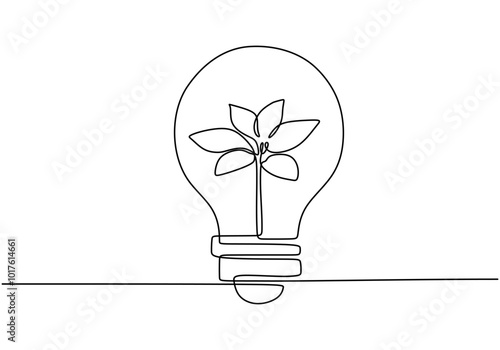 Continuous line drawing of a plant inside a light bulb. Simplified design for sustainability and innovation themes.