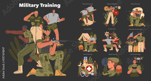 Military Training. Flat Vector Illustration