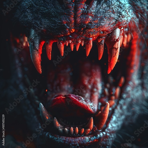 close-up of a terrifying, snarling creature with sharp, bloodstained fangs and a dark, menacing appearance, evoking a sense of horror and fear