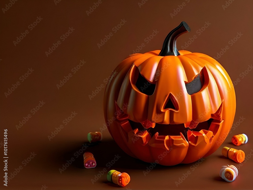 A Halloween pumpkin surrounded by colorful candy on a warm brown background. A Halloween pumpkin surrounded by colorful candy on a warm brown background.