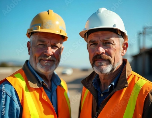 Two men in blue uniforms and hard hats working on industrial equipment in a factory setting