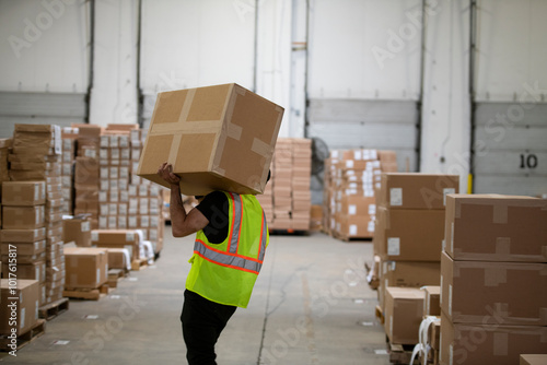 Man carrying large box on his shoulder in a shipping warehouse photo