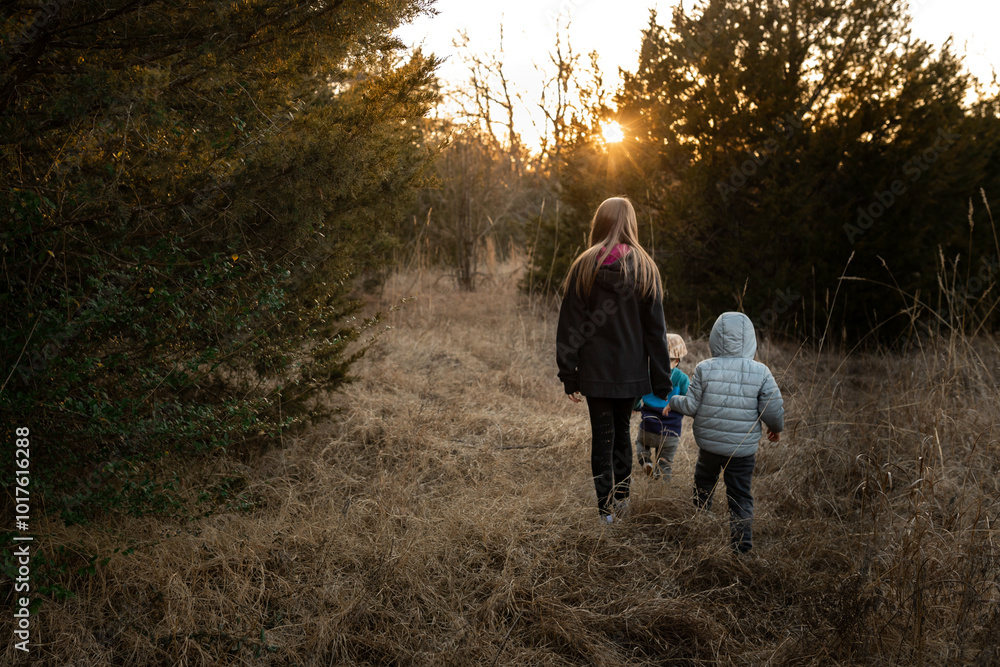 Three children walking through dry grass towards the sunset in forest Three children walking through dry grass towards the sunset in forest
