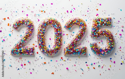 The numbers "2025" covered in bright, colorful confetti on a white background, with snowflakes and tiny Christmas decorations scattered throughout for a fun, celebratory look 