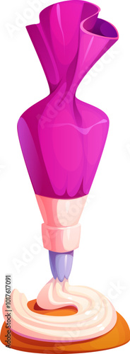 Piping bag filled with cream for decorating a pastry or cake, with a swirl of frosting being applied from the sleeve onto a small cookie base. Isolated cartoon vector confectionery cooking process