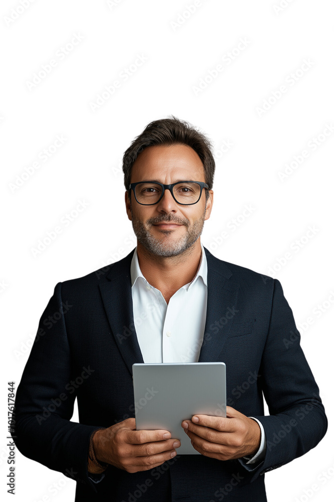 Businessman holding tablet in hands using tablet, isolate on white background, PNG die cut transparent. Businessman holding tablet in hands using tablet, isolate on white background, PNG die cut transparent.