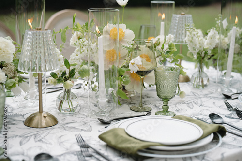 Slika na platnu Green and White Wedding Day Reception Tablescape Centerpieces Decor