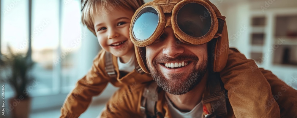 Kid in aviator costume playing with dad at home, banner, Generative AI
