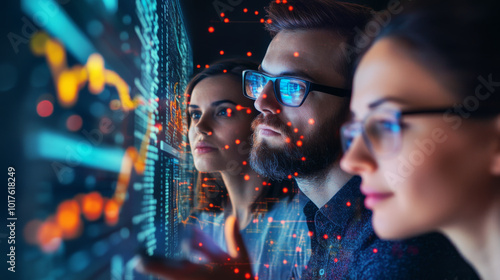 A leadership team discussing the role of data-driven transformation in improving business operations, with data charts visible on screens.