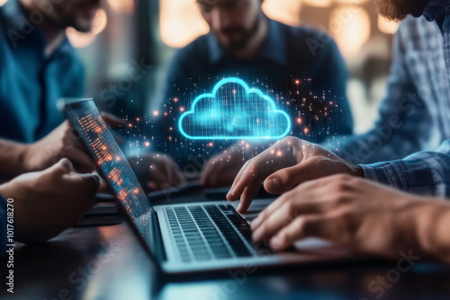 A group of IT professionals working on a cloud transformation project, implementing cloud-based solutions for business growth.