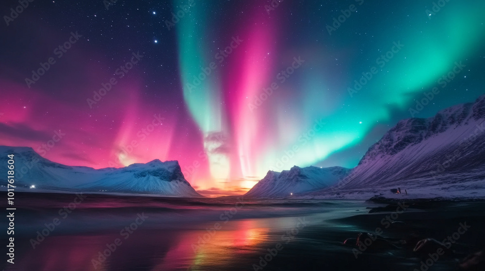 A majestic shot of the Northern Lights blending into the horizon, with snow-capped mountains and a clear starry night in the background. A majestic shot of the Northern Lights blending into the horizon, with snow-capped mountains and a clear starry night in the background.