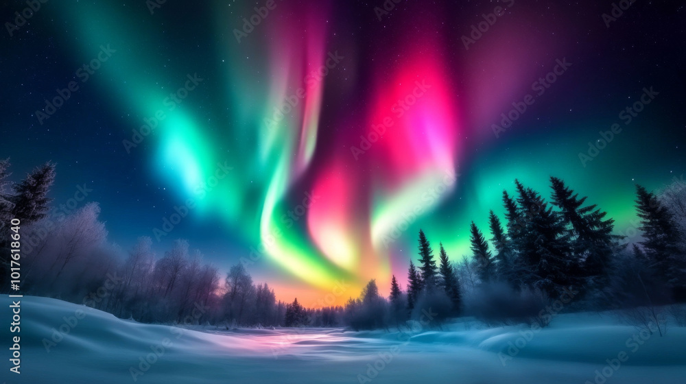 A long-exposure photograph of the Northern Lights, with swirling patterns of green and purple over a snow-covered forest. A long-exposure photograph of the Northern Lights, with swirling patterns of green and purple over a snow-covered forest.