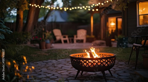 A fire pit with flames burns in a backyard. This image is perfect for illustrating warmth, relaxation, and outdoor living.